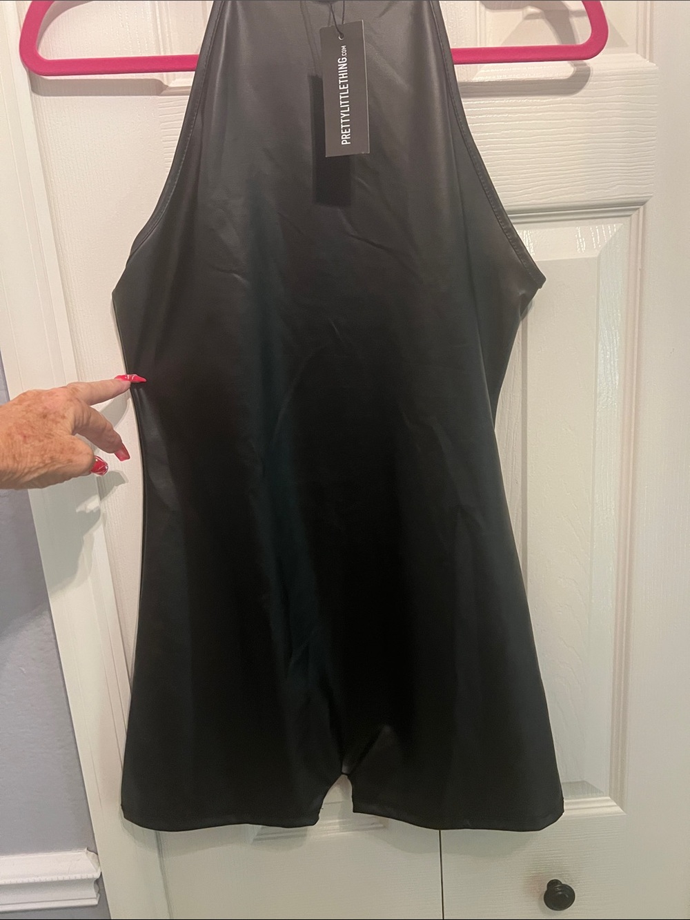 PrettyLittleThing Black Faux Leather Halter Unitard